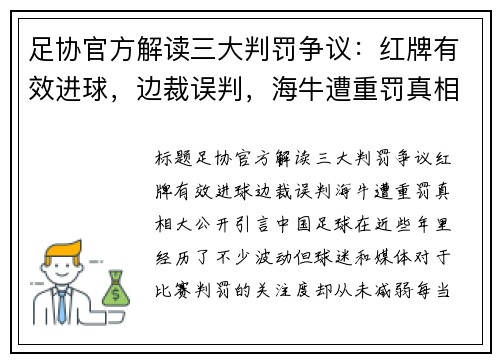 足协官方解读三大判罚争议：红牌有效进球，边裁误判，海牛遭重罚真相大公开