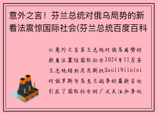 意外之言！芬兰总统对俄乌局势的新看法震惊国际社会(芬兰总统百度百科)