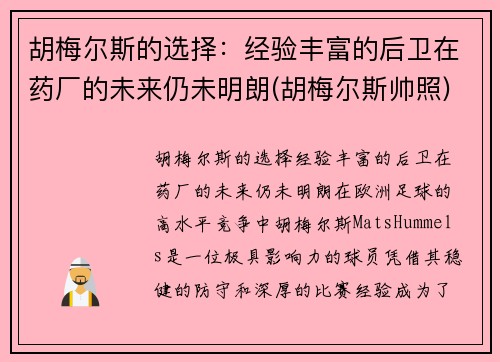 胡梅尔斯的选择：经验丰富的后卫在药厂的未来仍未明朗(胡梅尔斯帅照)