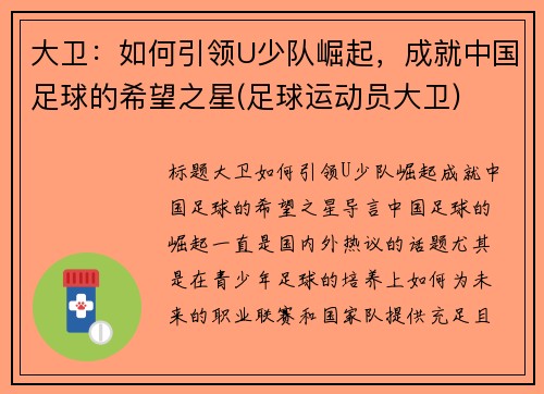 大卫：如何引领U少队崛起，成就中国足球的希望之星(足球运动员大卫)
