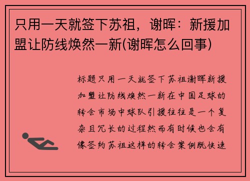 只用一天就签下苏祖，谢晖：新援加盟让防线焕然一新(谢晖怎么回事)