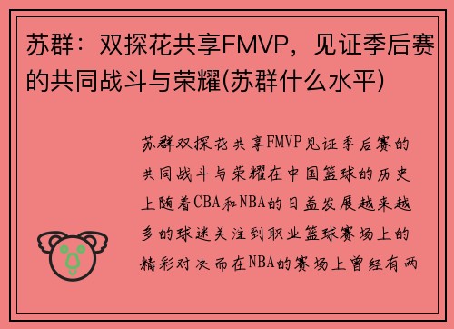 苏群：双探花共享FMVP，见证季后赛的共同战斗与荣耀(苏群什么水平)